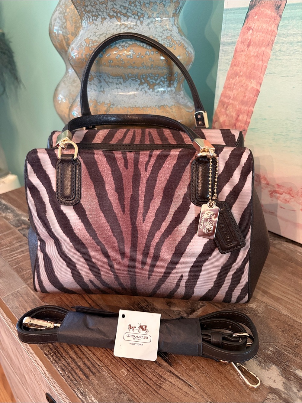 Rare COACH Tan and Brown Zebra-Print Satchel with Leather Trim like new